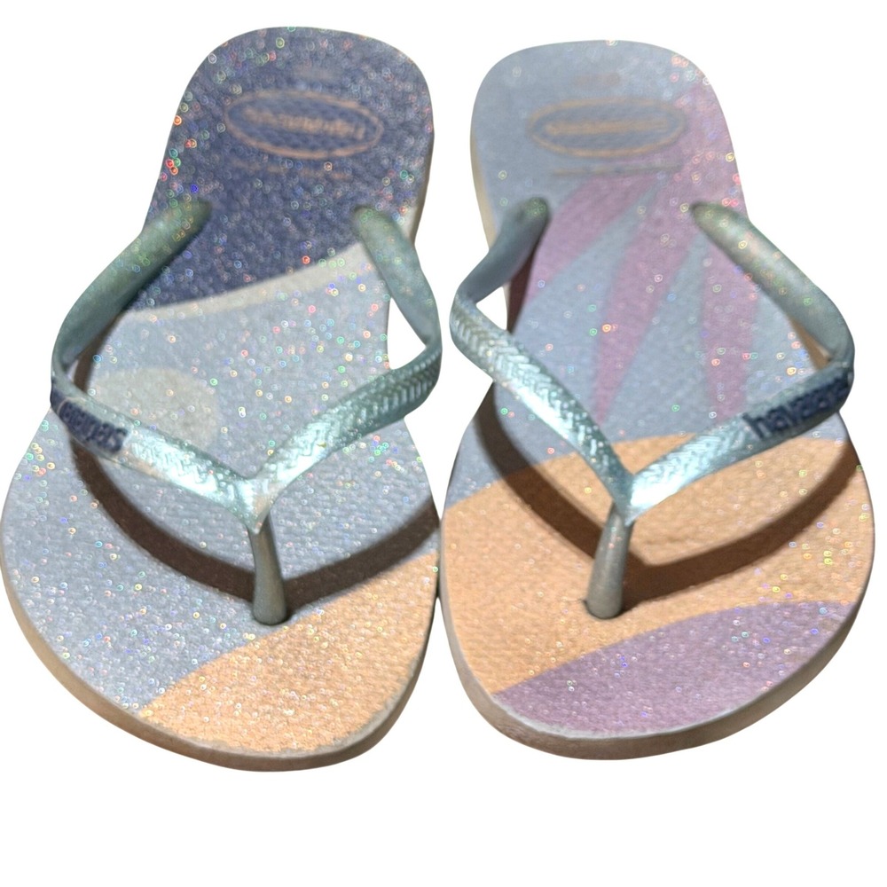 Havaianas Flip Flops Womens 9/10 Multi Color Rubber Slim Glitter Cosmic Beach